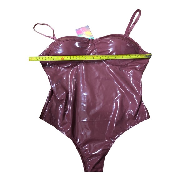 Mauve brown Pleather glossy padded spaghetti strap bustier bodysuit size Large - Picture 14 of 15